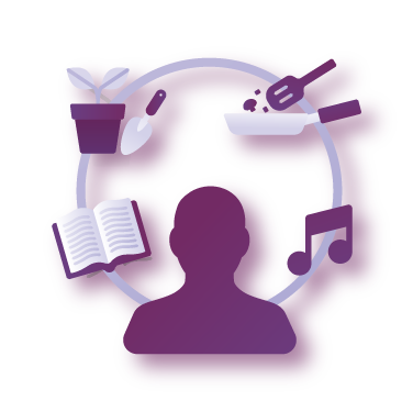 Purple figure with icons for different activities swirling around their head