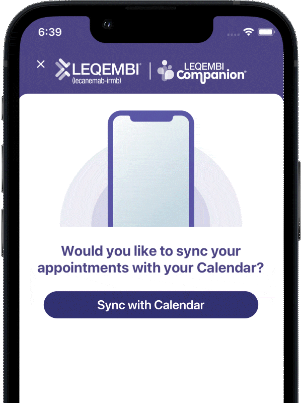 Phone screen showing the LEQEMBI Companion™ app