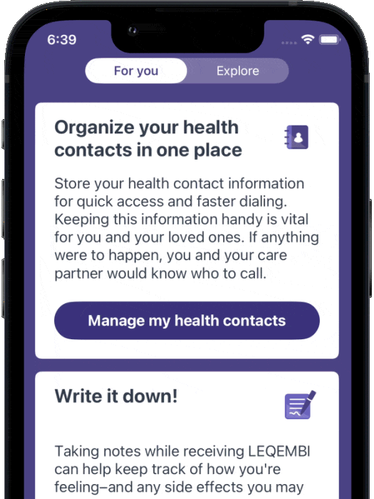 Phone screen showing the LEQEMBI Companion™ app