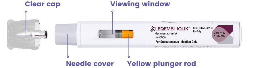 Get familiar with the LEQEMBI® IQLIK® autoinjector (starting dose)–Clear cap, viewing window, needle cover, plunger rod
