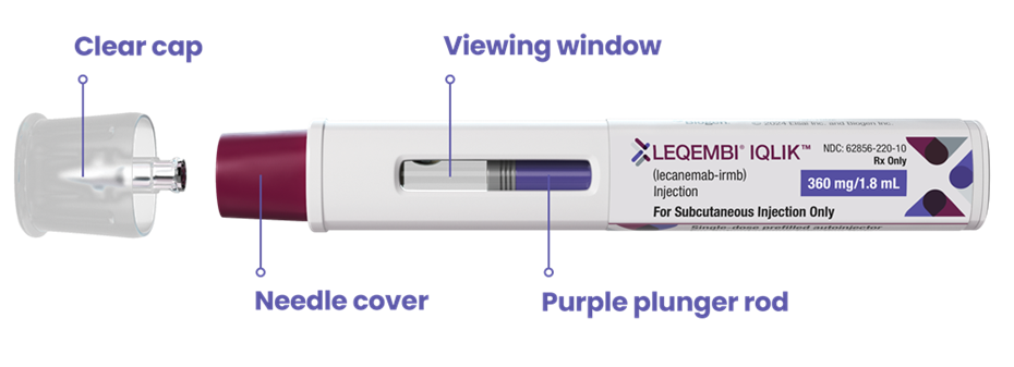 Get familiar with the LEQEMBI® IQLIK™ autoinjector – Clear cap, viewing window, needle cover, plunger rod