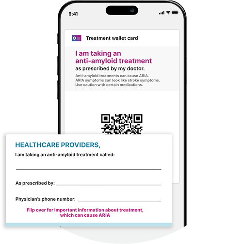 LEQEMBI® treatment wallet card, with a mobile screen behind showing downloadable version of card