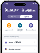 Mobile screens showing the LEQEMBI Companion™ app