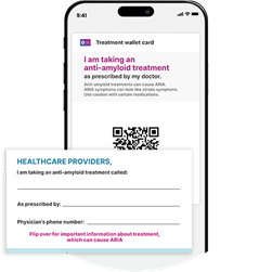 LEQEMBI® treatment wallet card, with a mobile screen behind showing downloadable version of card