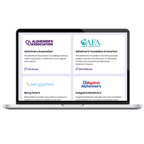 A laptop showing the Alzheimer's disease advocacy organizations page of the website