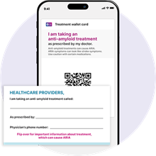 LEQEMBI® (lecanemab-irmb) digital wallet card, with a mobile screen behind showing downloadable version of card