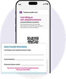 LEQEMBI® (lecanemab-irmb) digital wallet card, with a mobile screen behind showing downloadable version of card