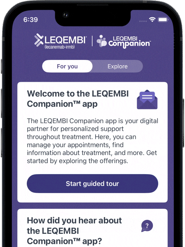Phone screen showing the LEQEMBI Companion™ app