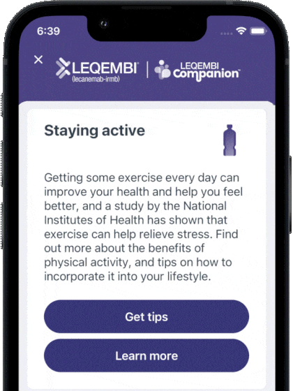 Phone screen showing the LEQEMBI Companion™ app